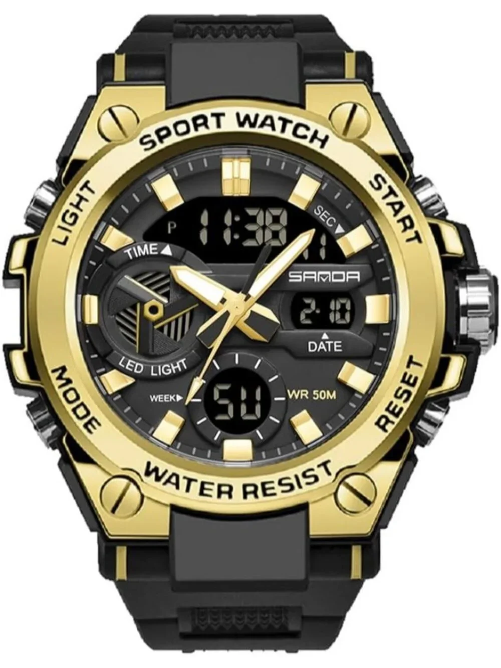 Men's Gold Analog Quartz Sports Outdoor Waterproof Military LED Digital Watch